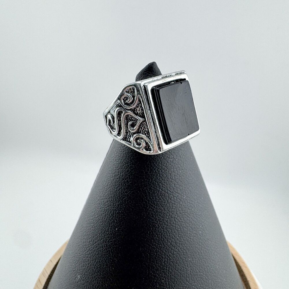 Vintage Silver Tone Black Square Rhinestone Ring • Filigree Swirl Statement NWOT